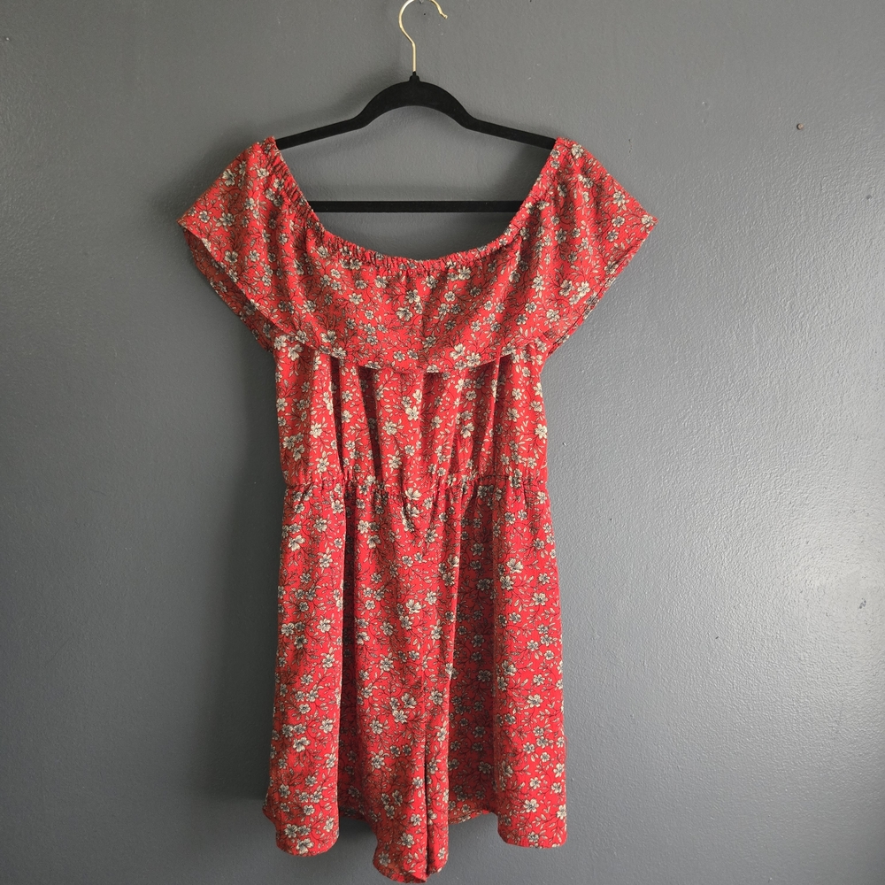 Red Ditsy Floral Off-Shoulder Romper Large